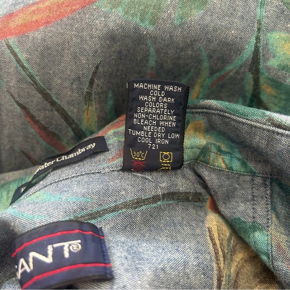 GANT White Water Chambray Short Sleeve Shirt Floral 100% Cotton Blue Size Medium - Picture 11 of 13